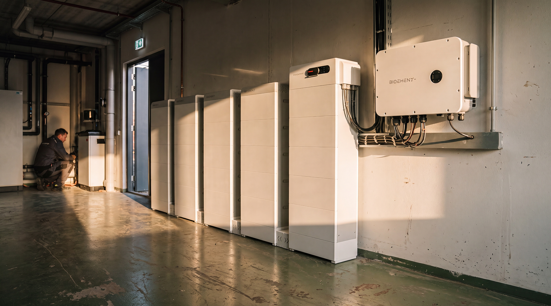 Rij witte energieopslagbatterijen met omvormer in een technische ruimte, met monteur op de achtergrond