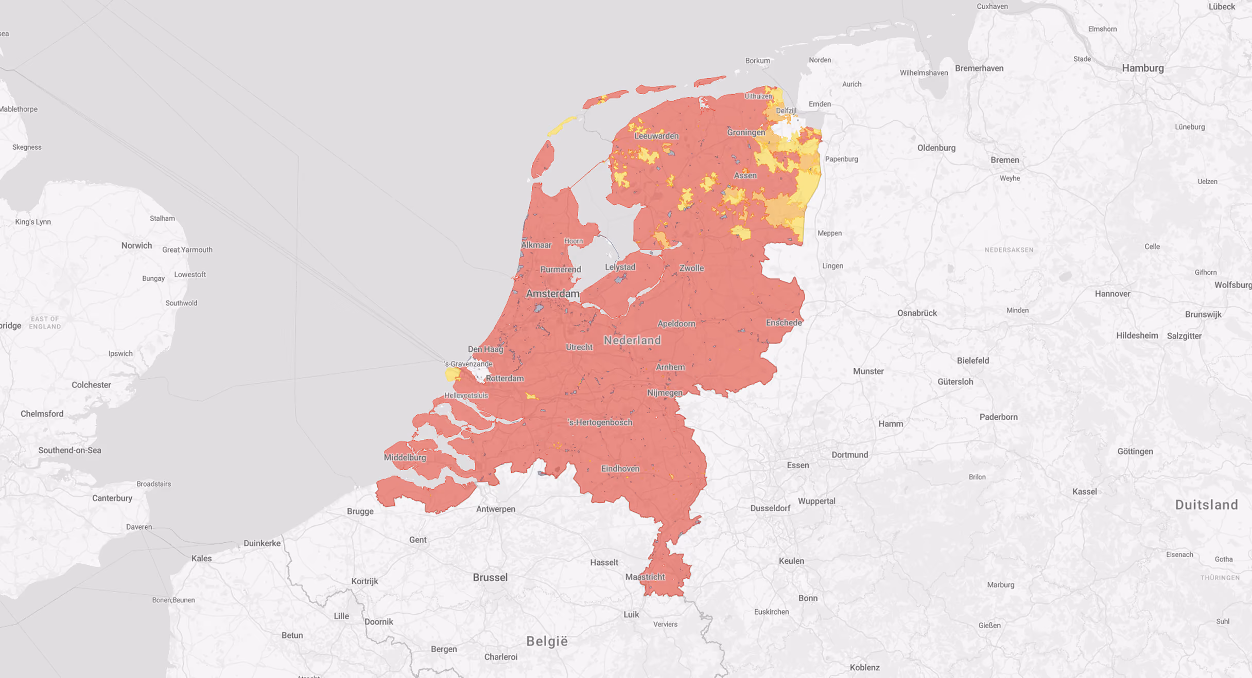 Kaart van Nederland met rood en geel gemarkeerde gebieden met netcongestie op het elektriciteitsnet