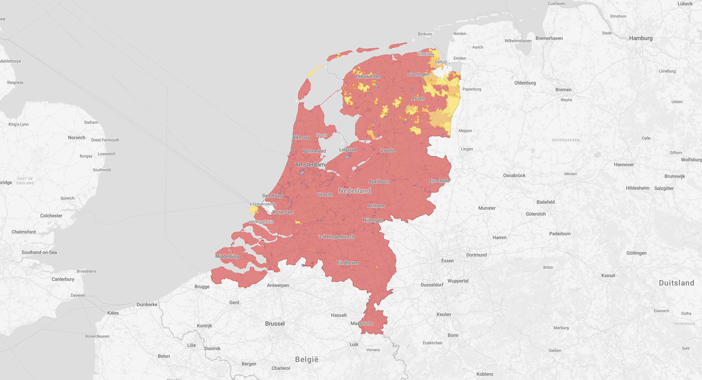 Kaart van Nederland met rood en geel gemarkeerde gebieden met netcongestie op het elektriciteitsnet