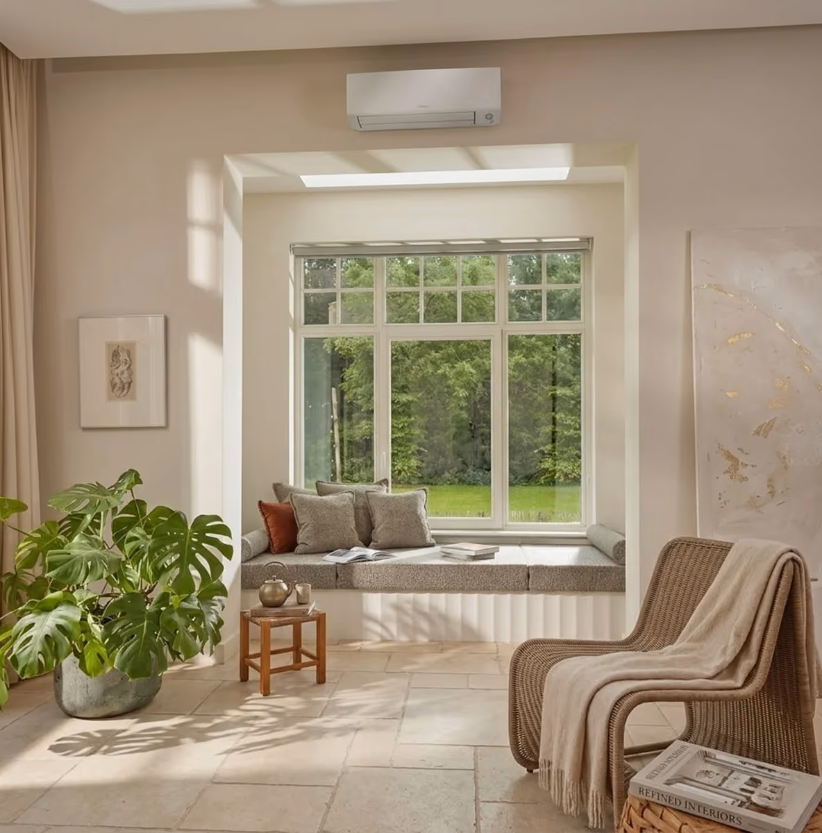 Daikin airco boven een erker met zitbank in een lichte woonkamer met monstera en rieten stoel