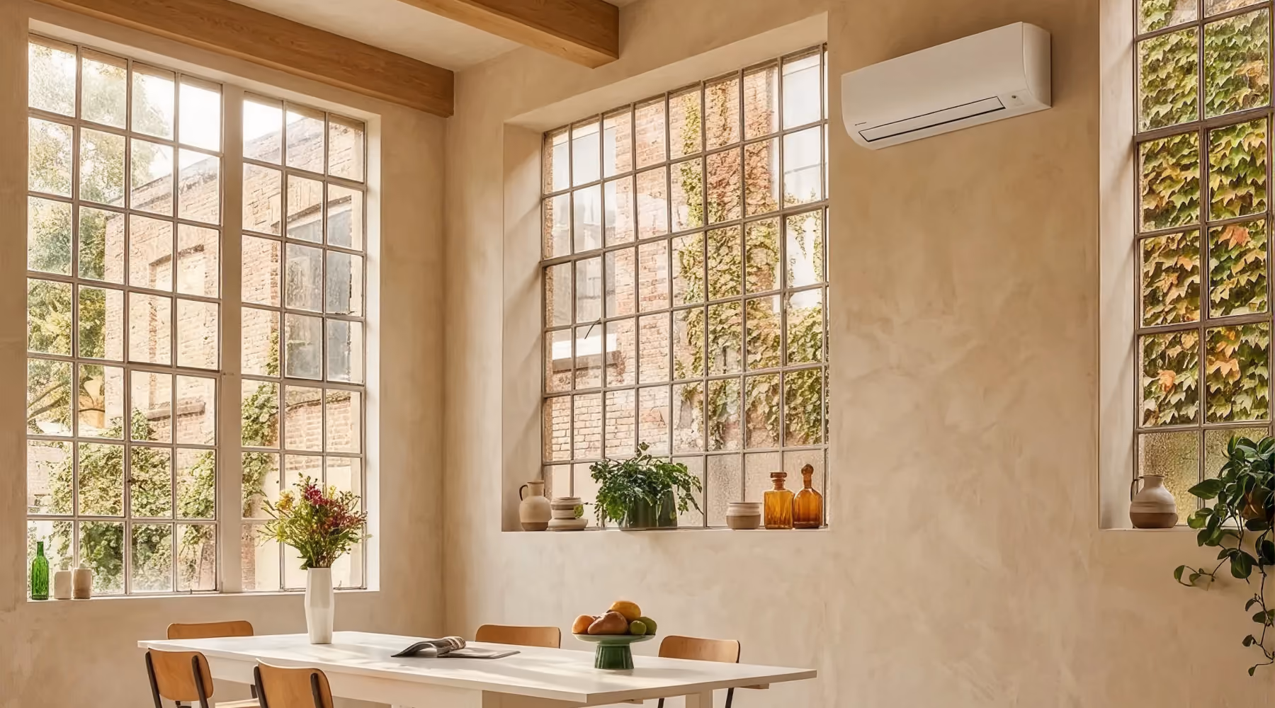 Wit Daikin wandmodel airco in een lichte eetkamer met grote stalen ramen, klimop en een houten eettafel