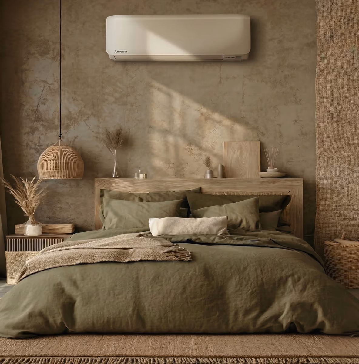 Mitsubishi wandmodel airco boven een houten bed in een slaapkamer met olijfgroen linnen beddengoed en betonlook wand
