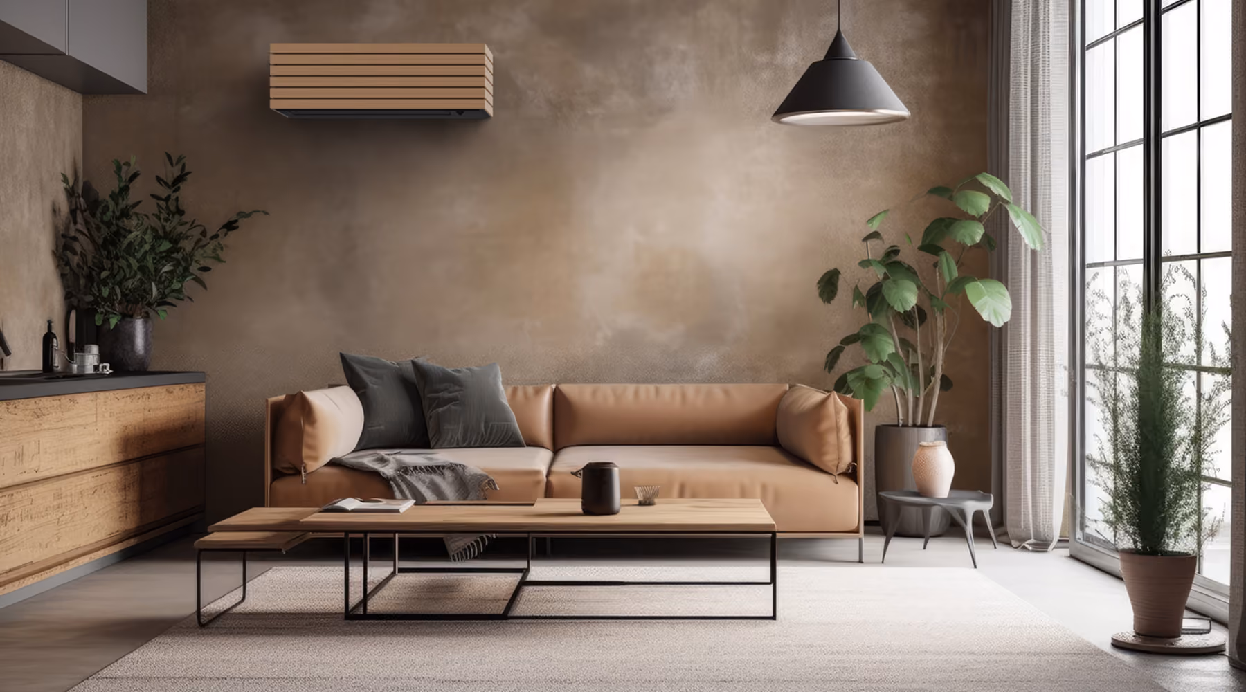 Toshiba Daiseikai airco met houten lamellenfront op een betonlook wand in een loft met leren bank en hoge ramen