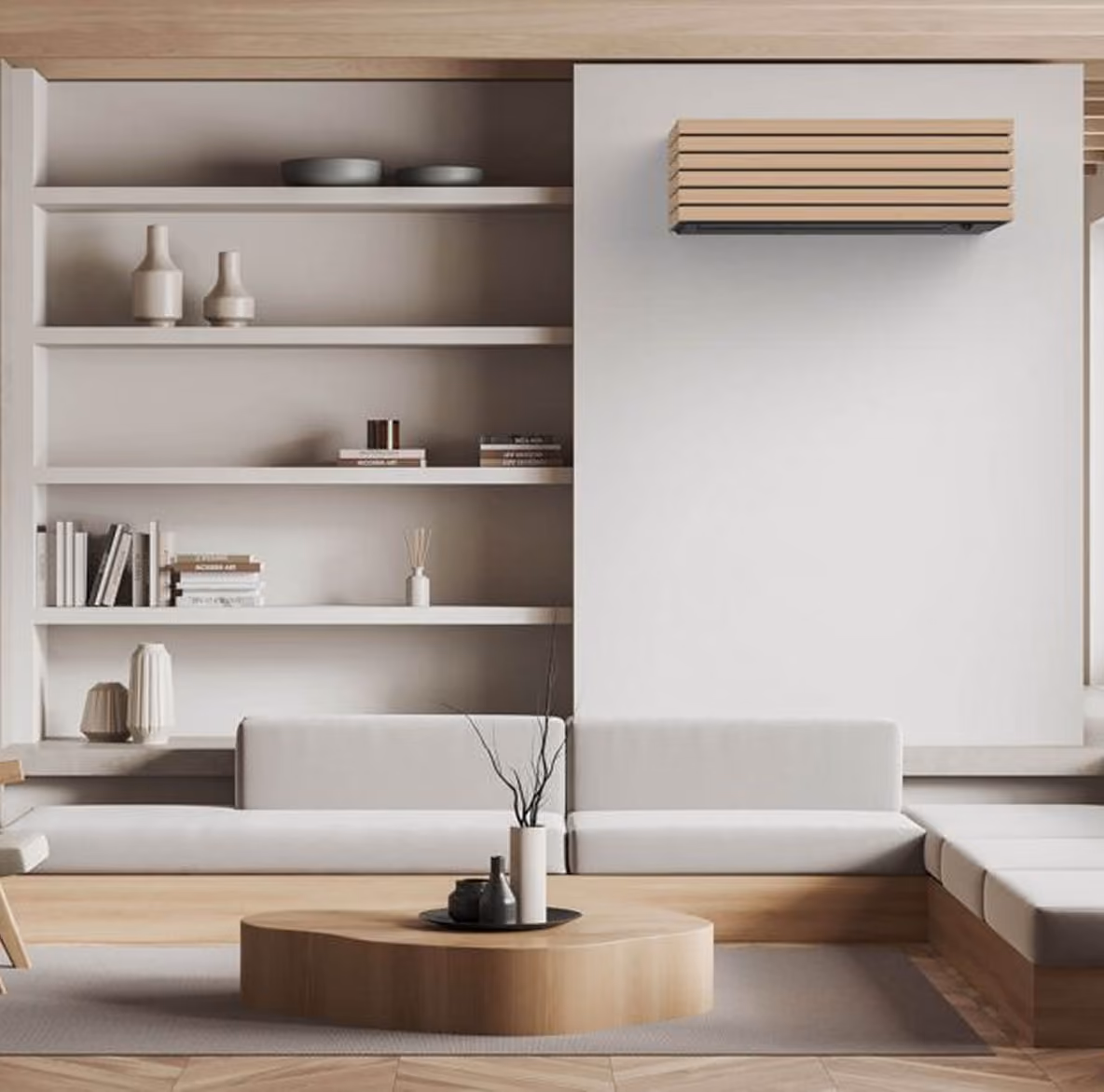 Toshiba Daiseikai airco met houten lamellenfront aan een lichte wand in een minimalistische Japandi woonkamer
