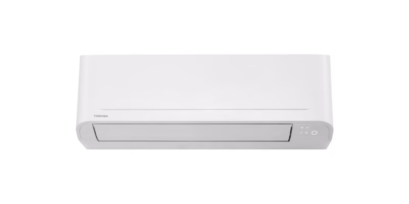 Toshiba Seiya airco, wit wandmodel met uitblaaslamel en indicatielampjes rechts, vooraanzicht