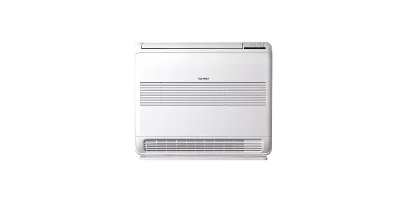 Toshiba vloermodel airco, wit binnendeel met dubbele uitblaasroosters, vooraanzicht