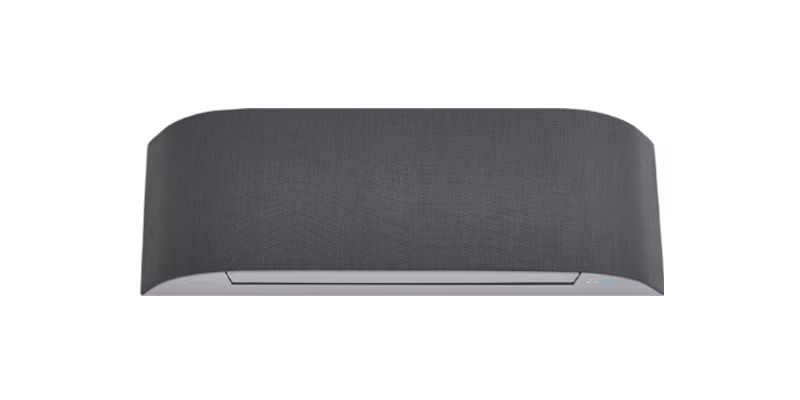 Toshiba Haori airco, wandmodel met donkergrijs stoffen front, vooraanzicht