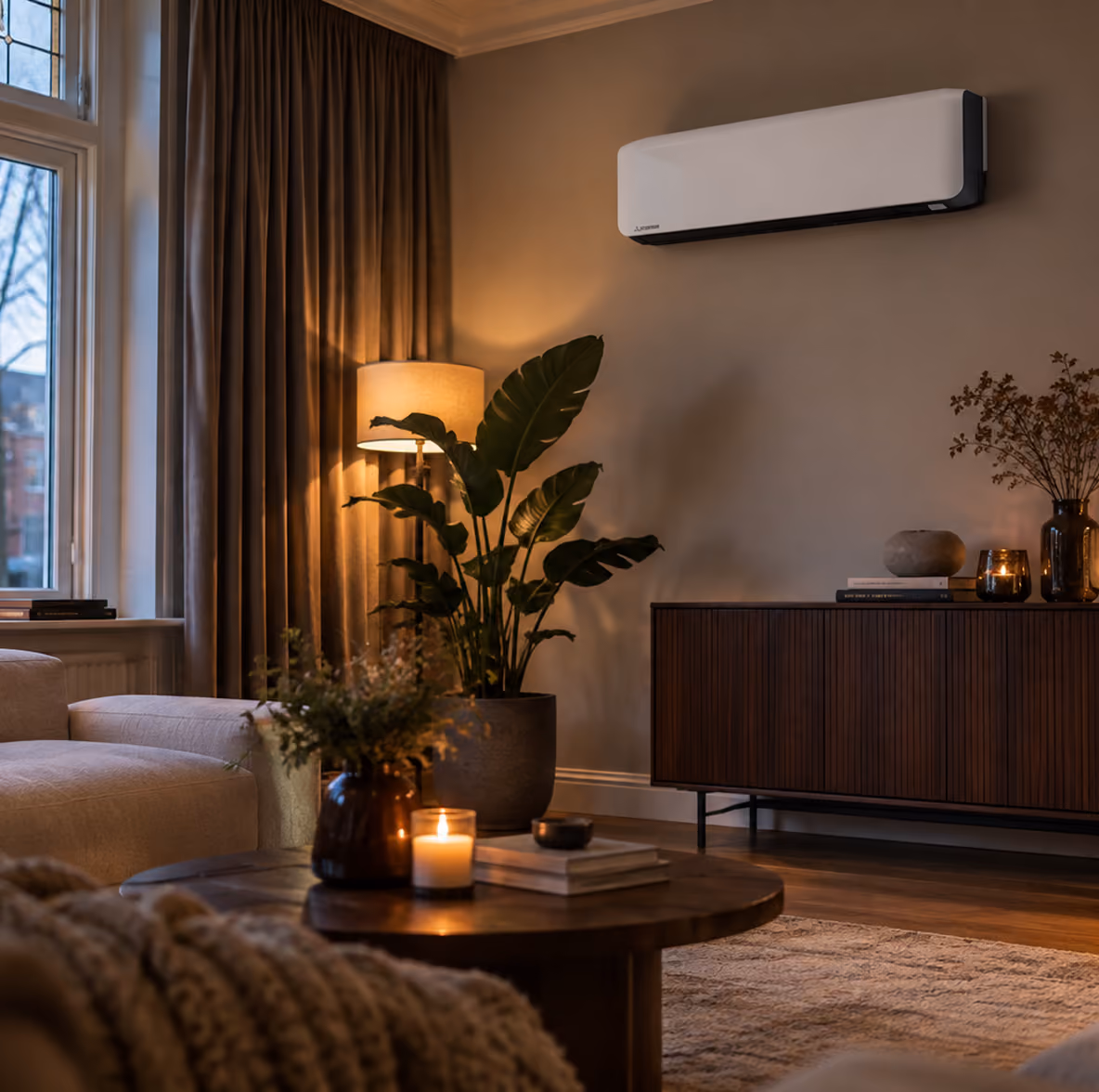 Mitsubishi standaard wandmodel airco in een sfeervolle woonkamer op een winteravond met staande lamp en kaarsen