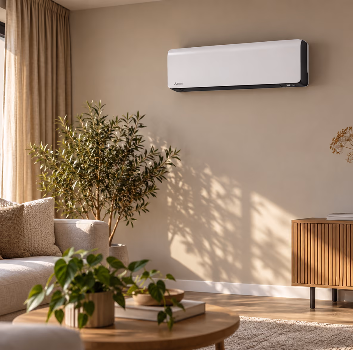 Mitsubishi standaard wandmodel airco op een beige wand in een zonnige woonkamer met olijfboom en houten dressoir