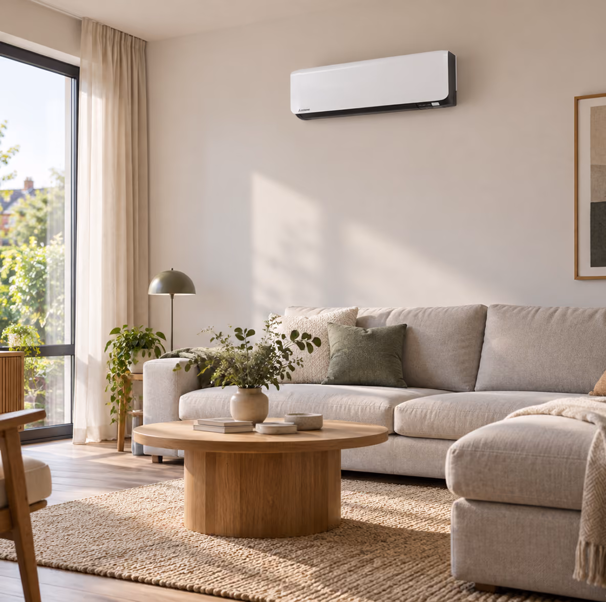 Mitsubishi standaard wandmodel airco boven een lichtgrijze hoekbank in een zonnige woonkamer met houten salontafel