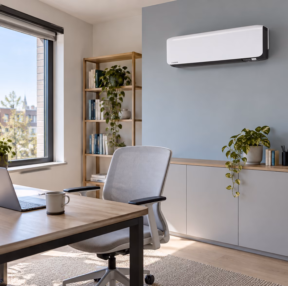 Mitsubishi Diamond Series airco op een blauwgrijze wand in een thuiswerkkamer met bureau en bureaustoel