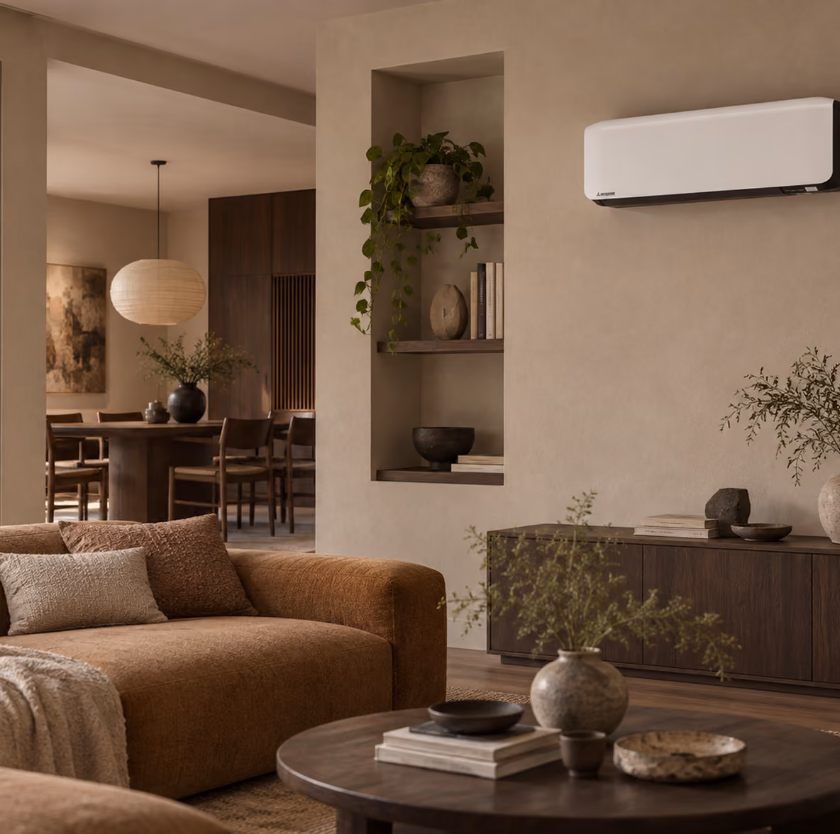 Mitsubishi Diamond Series airco in een warme woonkamer met terracotta bank, wandnis en eethoek op de achtergrond