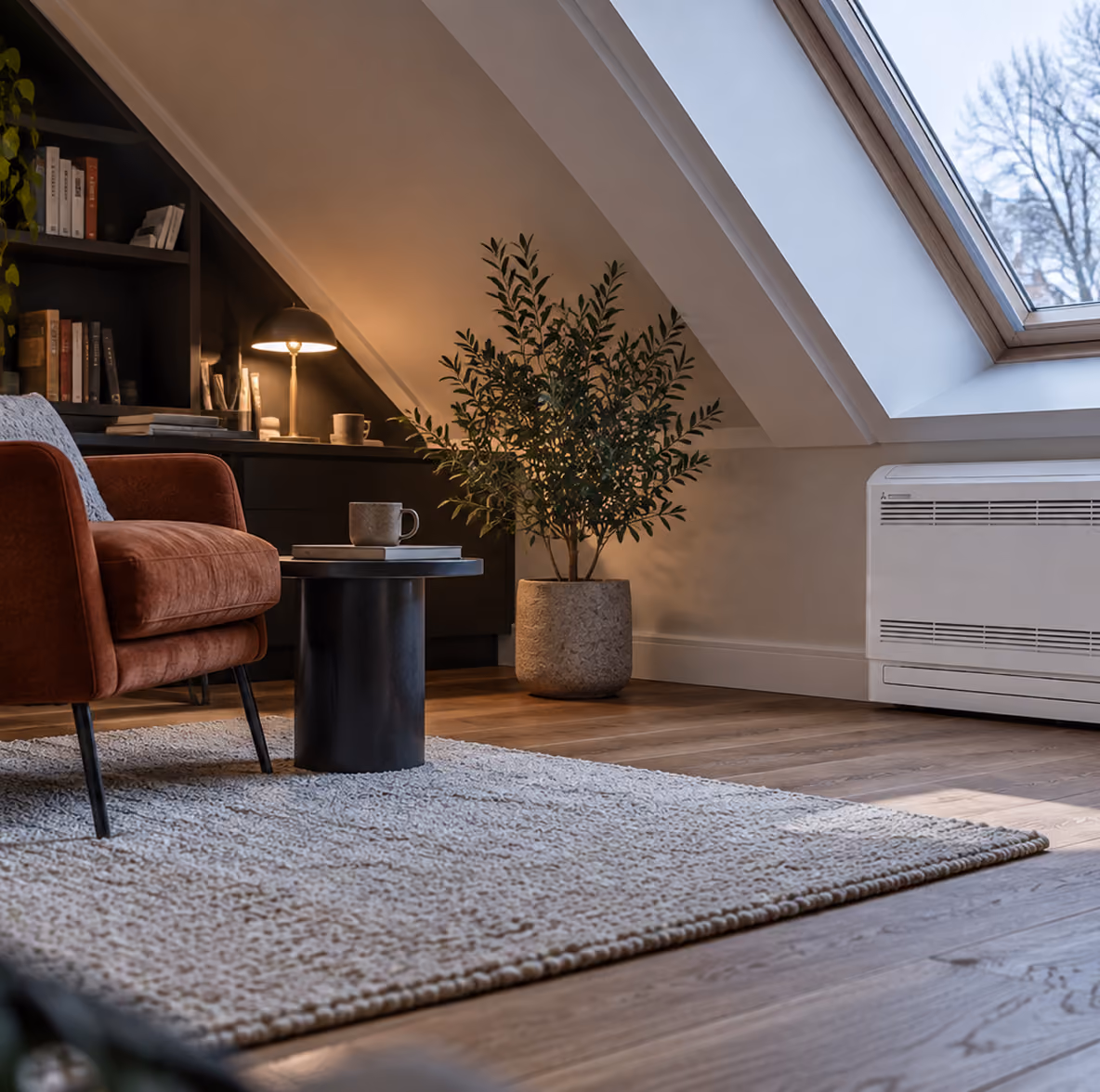 Mitsubishi vloermodel airco onder een dakraam in een zolderkamer met terracotta fauteuil en winters uitzicht