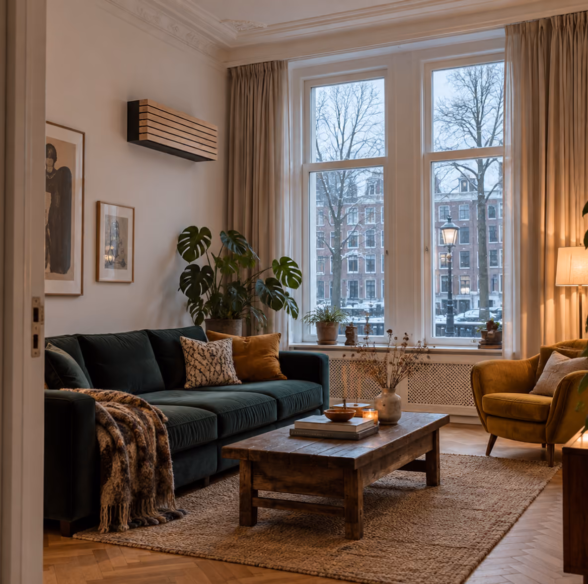 Toshiba Daiseikai airco met houten lamellenfront in een klassieke woonkamer met groene velours bank en winters uitzicht op grachtenpanden