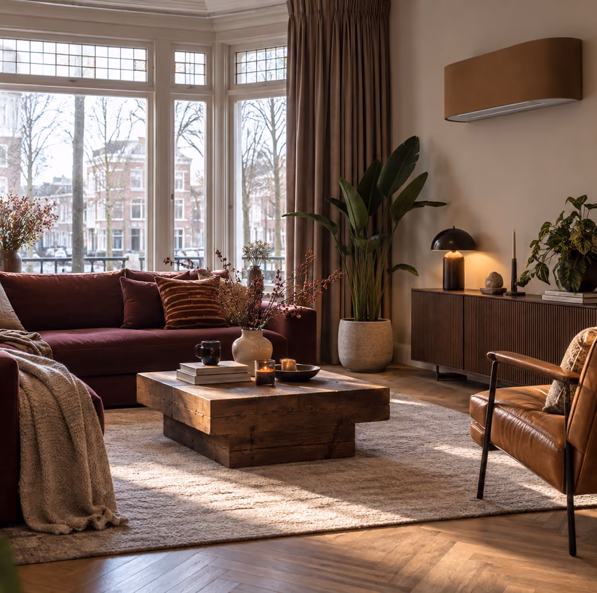 Toshiba Haori airco met bruin stoffen front in een klassieke woonkamer met bordeauxrode bank en erker