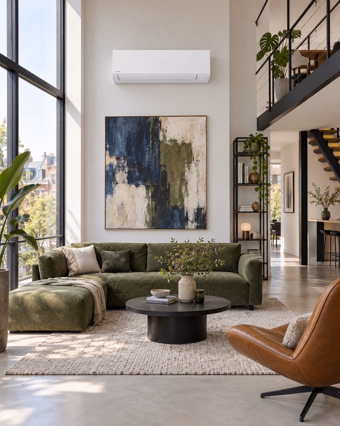 Toshiba Kazumi airco in een loft met vide boven een abstract schilderij en groene velours hoekbank