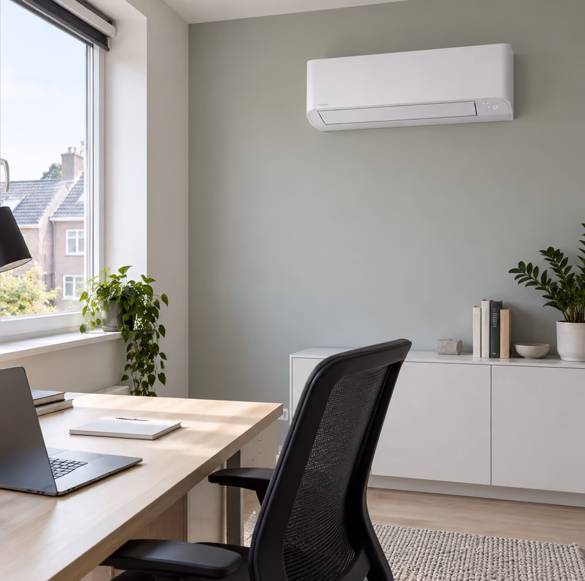 Toshiba Seiya airco op een saliegroene wand in een thuiswerkkamer met bureau en zwarte bureaustoel