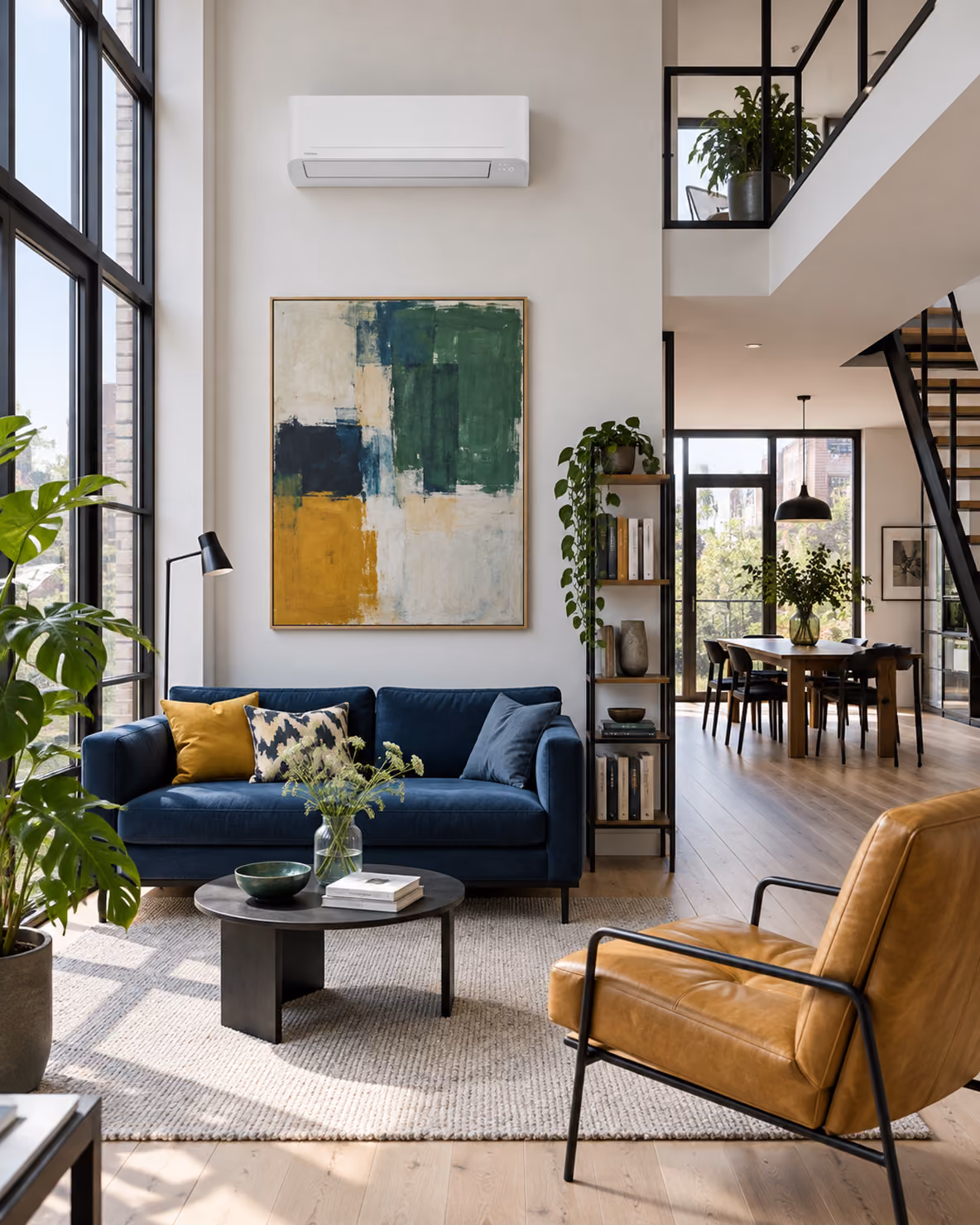 Toshiba Seiya airco in een loft met vide boven een abstract schilderij en blauwe bank