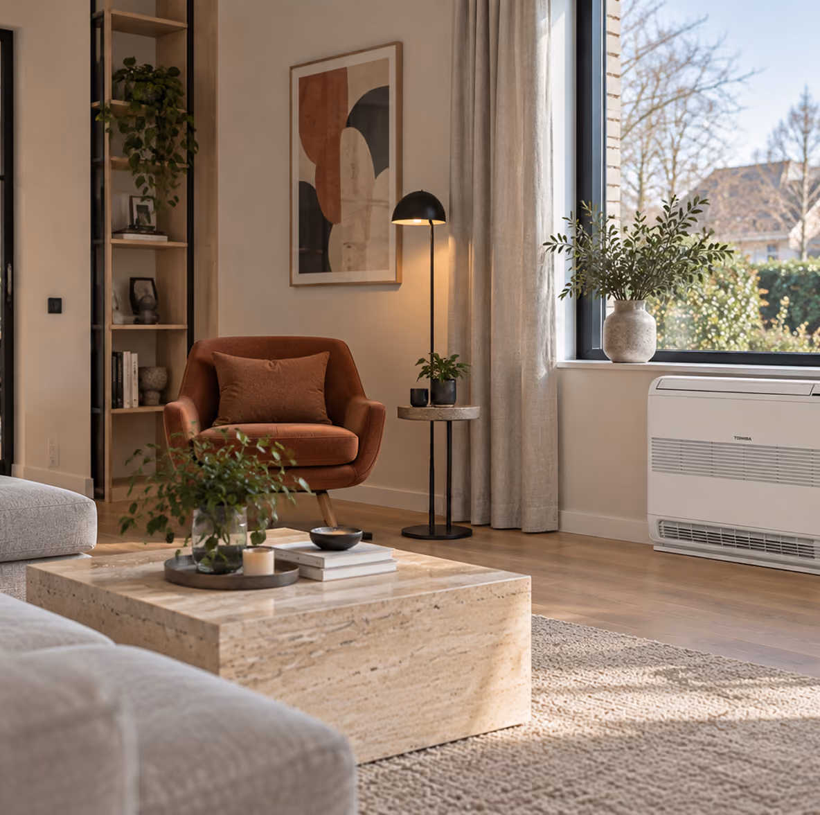 Toshiba vloermodel airco onder het raam in een lichte woonkamer met travertin salontafel en terracotta fauteuil
