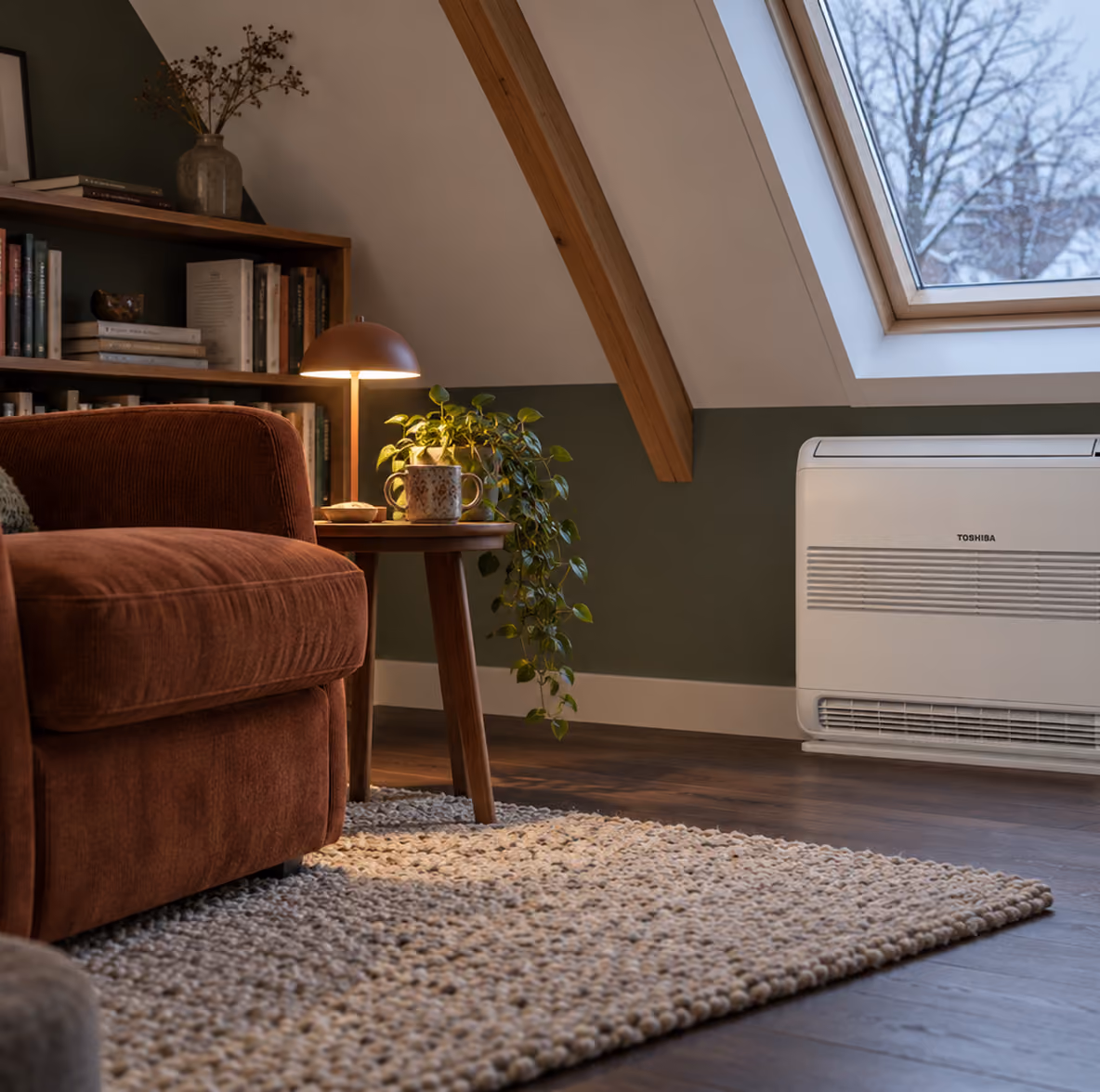 Toshiba vloermodel airco onder een dakraam in een zolderkamer met groene wand, terracotta fauteuil en winters uitzicht