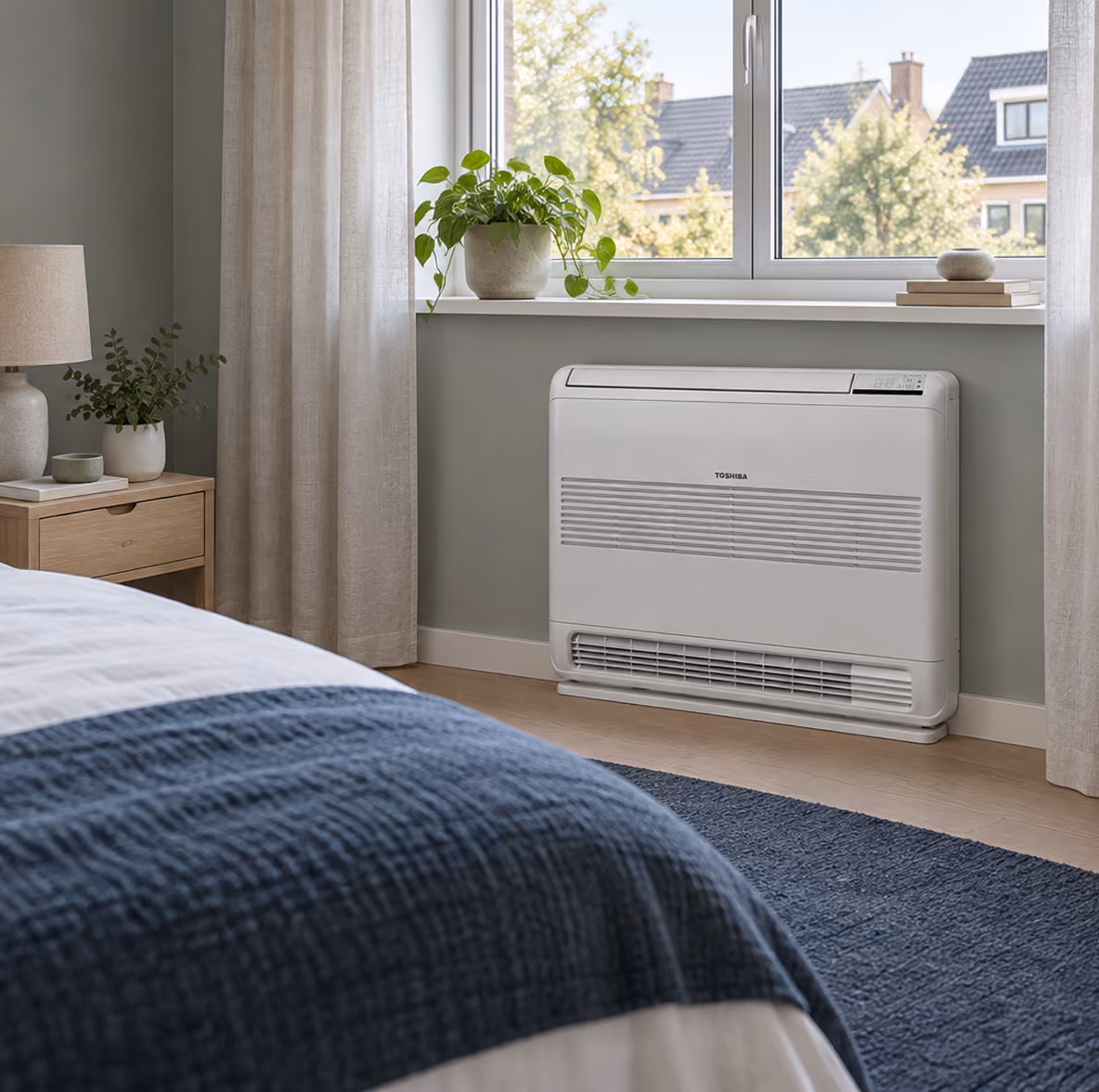 Toshiba vloermodel airco onder het raam in een slaapkamer met saliegroene wand en donkerblauwe sprei