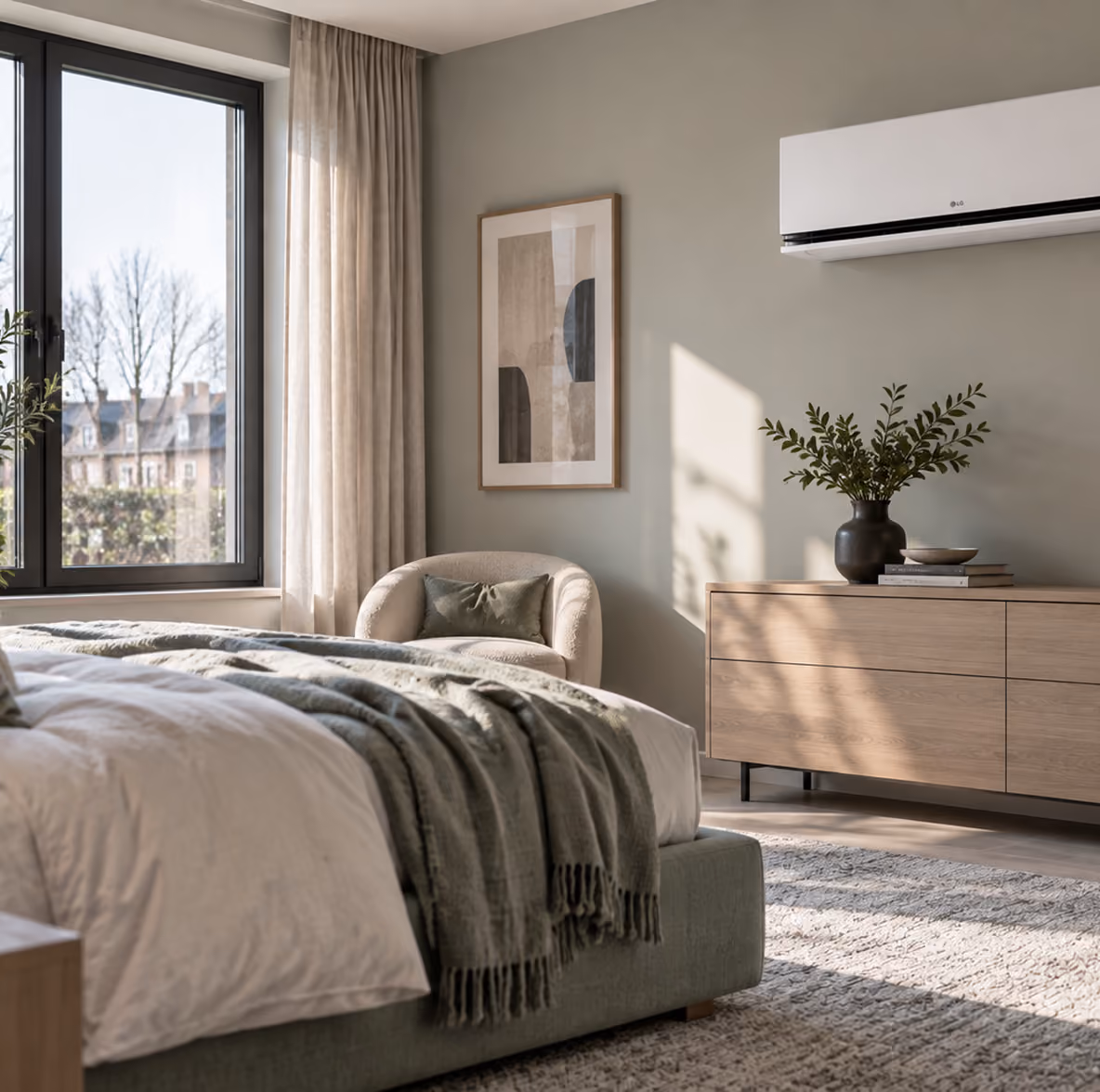 LG AI Air airco boven een houten dressoir in een groengrijze slaapkamer met zonlicht