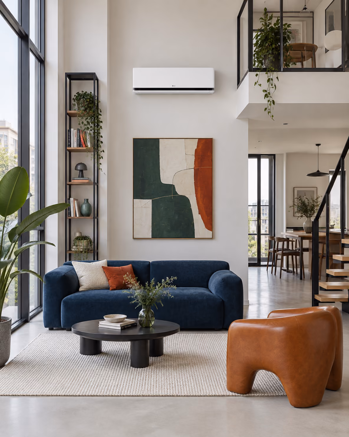 LG AI Air airco in een ruime loft met vide, blauwe bank en cognac leren fauteuil