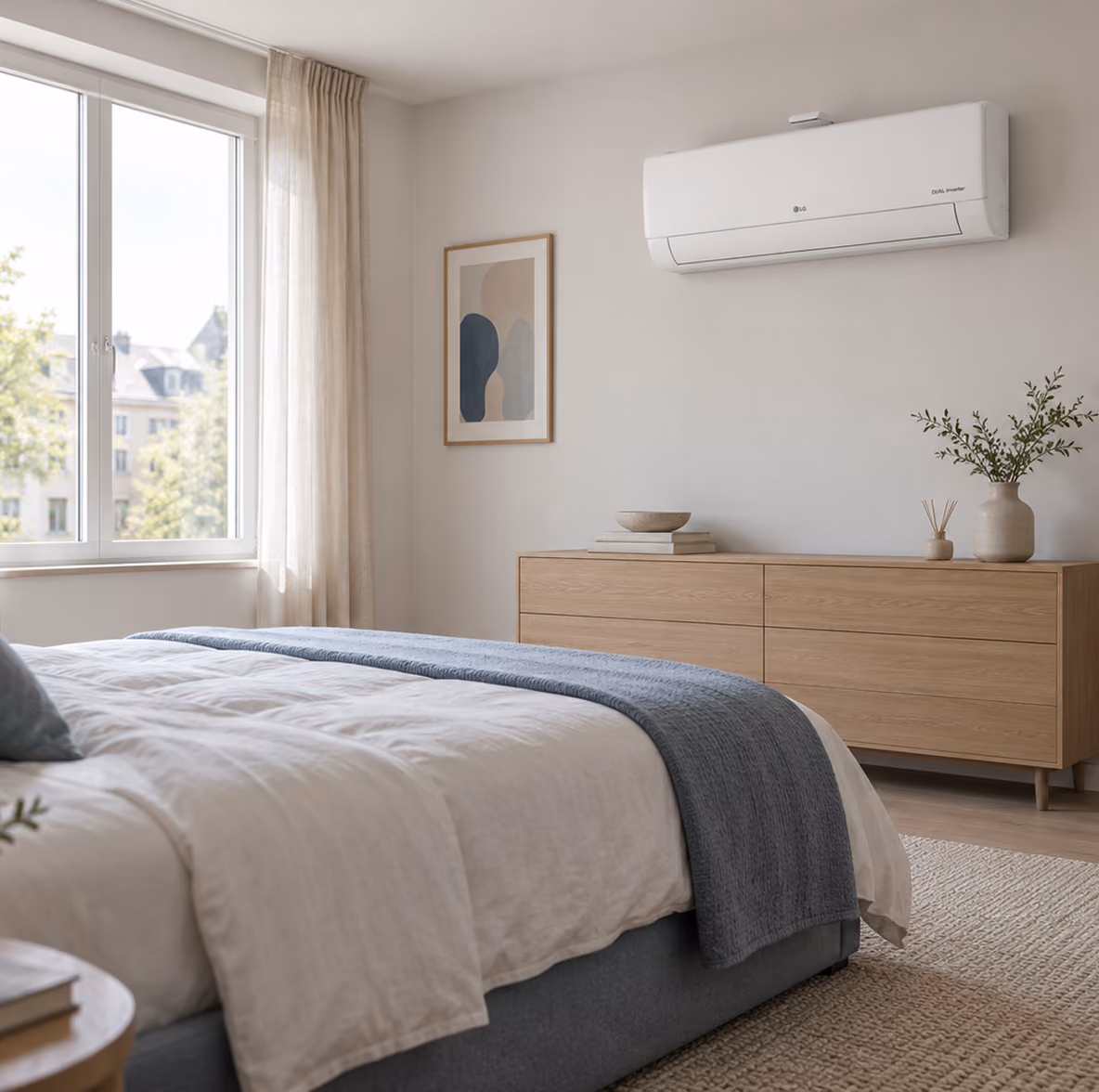 LG Air Purification airco boven een eiken ladekast in een rustige lichte slaapkamer