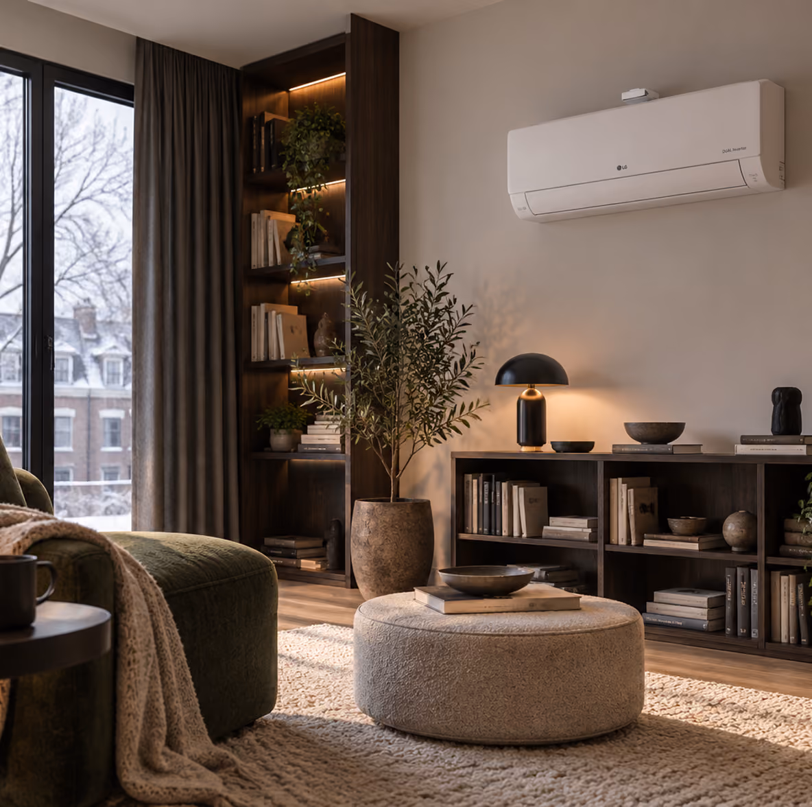 LG Air Purification airco in een warme woonkamer met boekenkast en olijfboom, winterse tuin achter het raam