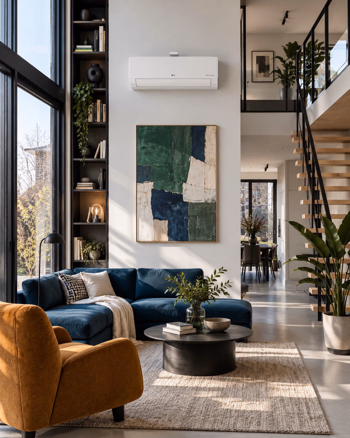 LG Air Purification airco in een loft met vide, blauwe hoekbank en okergele fauteuil