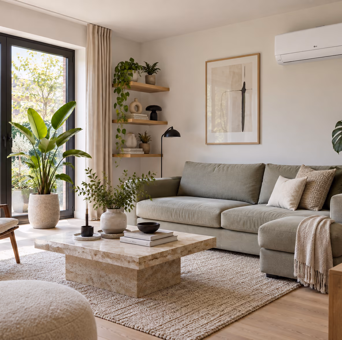 LG Air Purification airco in een lichte woonkamer met groene bank, kamerplanten en travertin salontafel