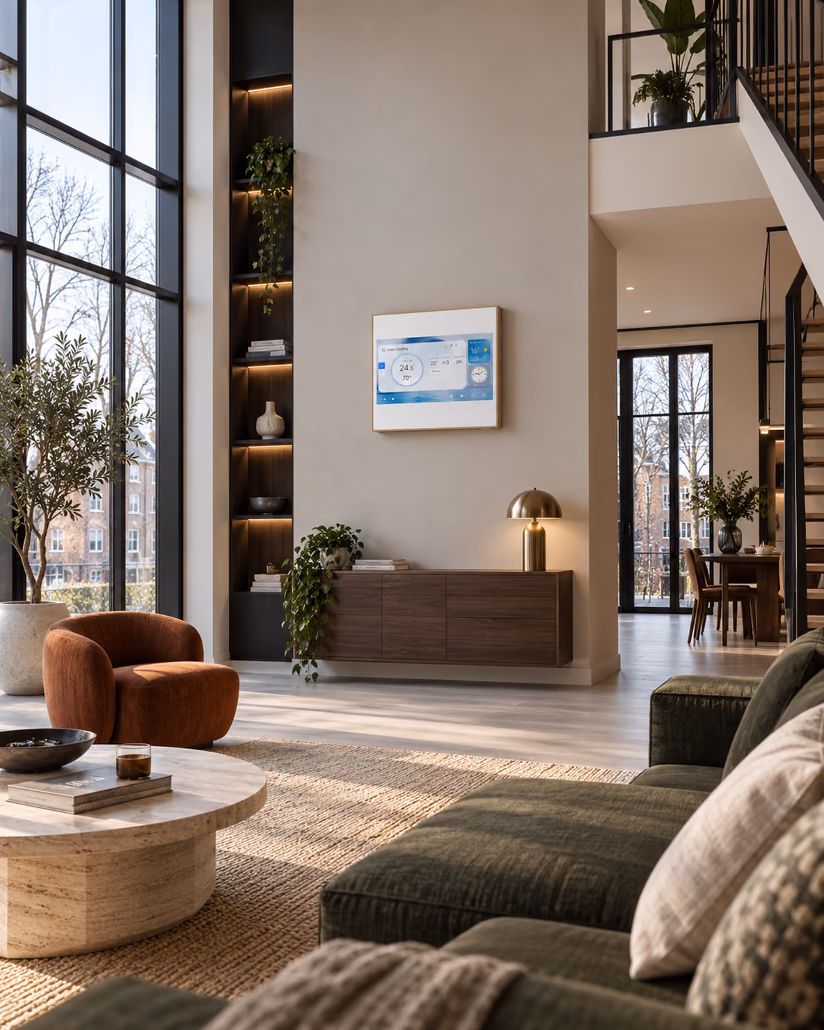 LG Artcool Gallery airco met digitaal display boven een walnoten dressoir in een loft met hoge ramen