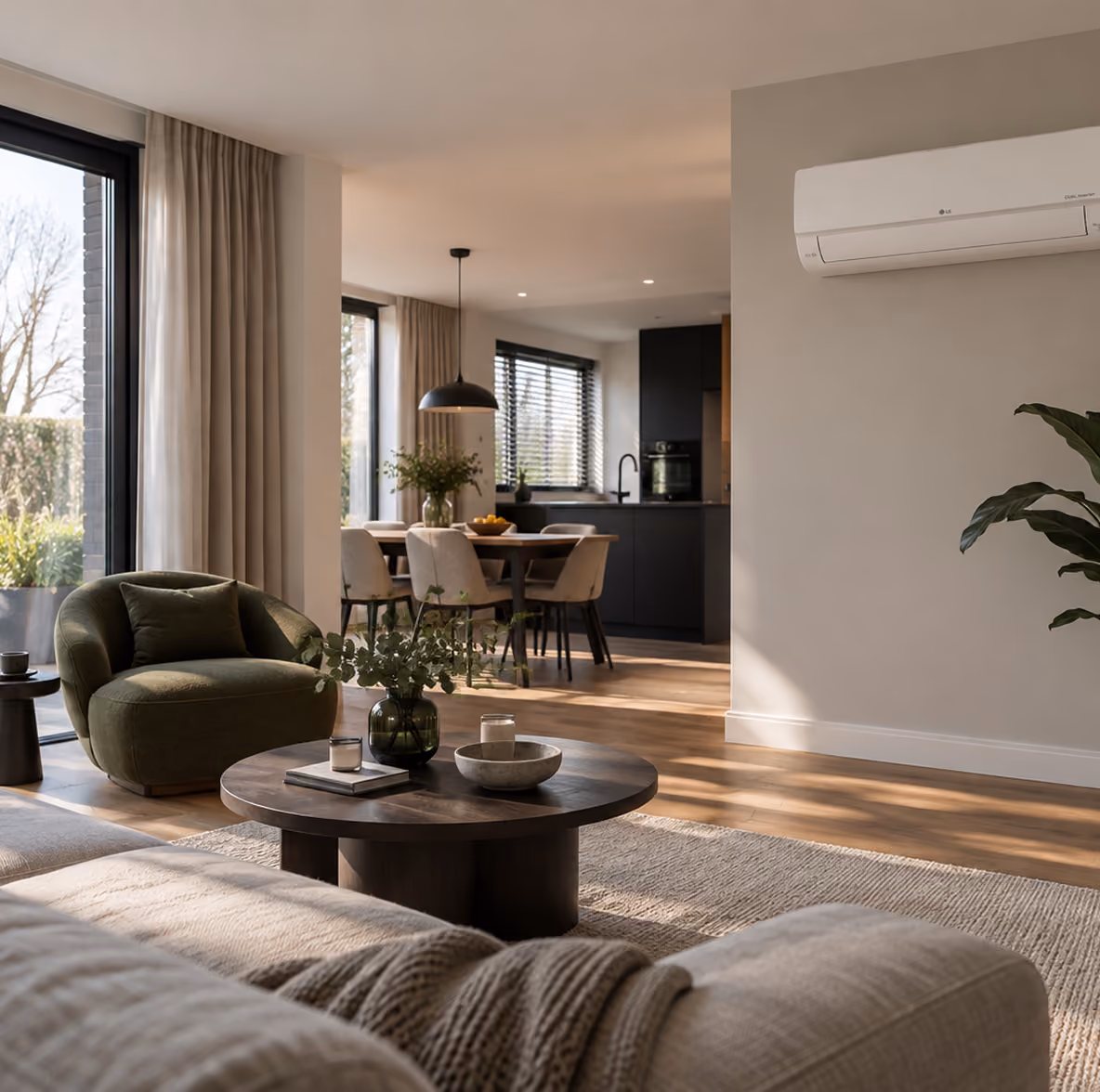 LG Standard Plus airco in een lichte woonkamer met groene fauteuil en open keuken op de achtergrond