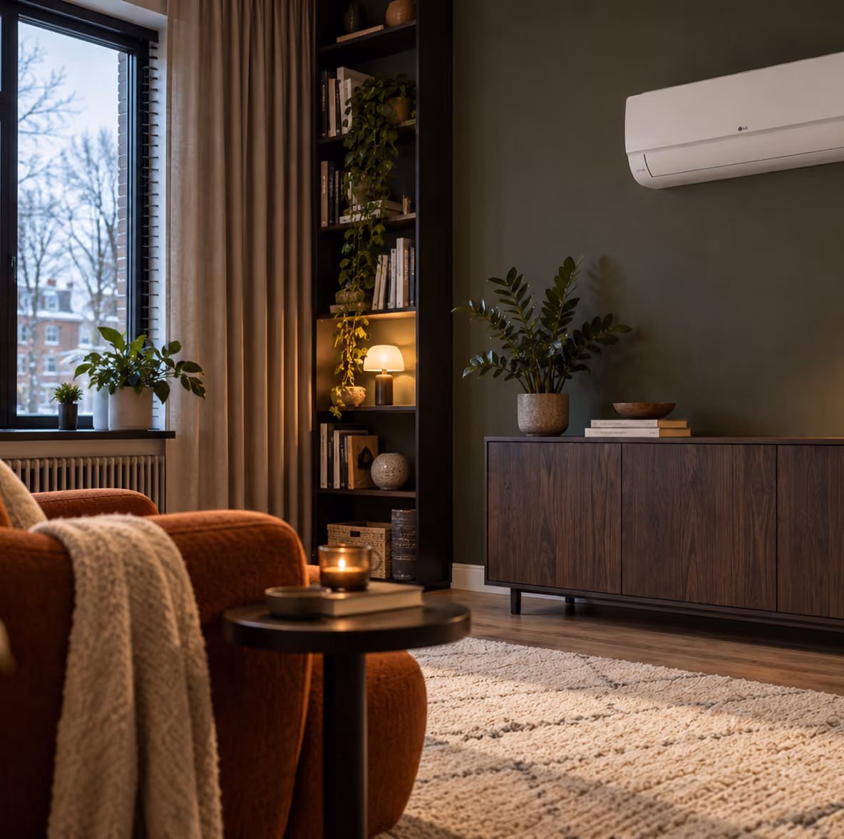 LG Standard Plus airco op een donkergroene wand in een warme woonkamer met kaarslicht en winters uitzicht