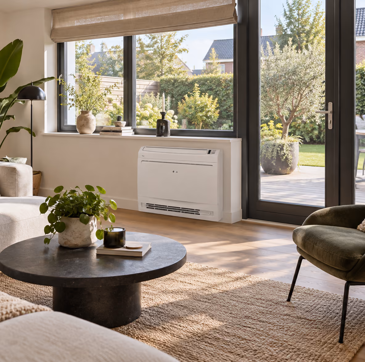LG vloermodel airco onder de vensterbank in een lichte woonkamer met tuindeuren en olijfboom op het terras