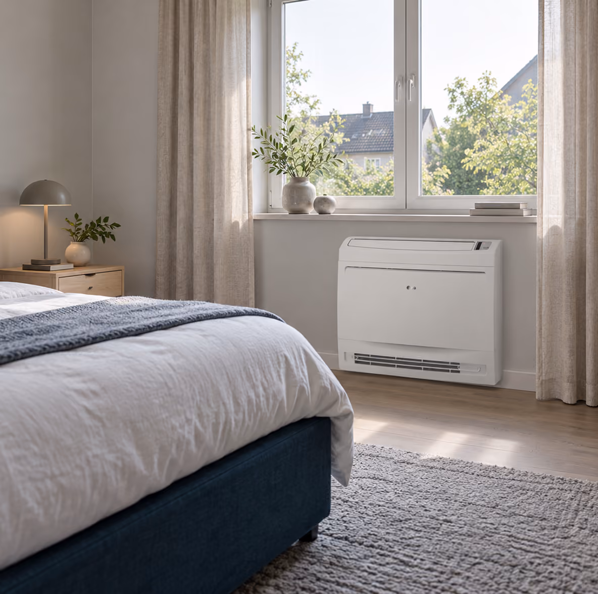 LG vloermodel airco onder het raam in een rustige slaapkamer met blauw bed en linnen gordijnen