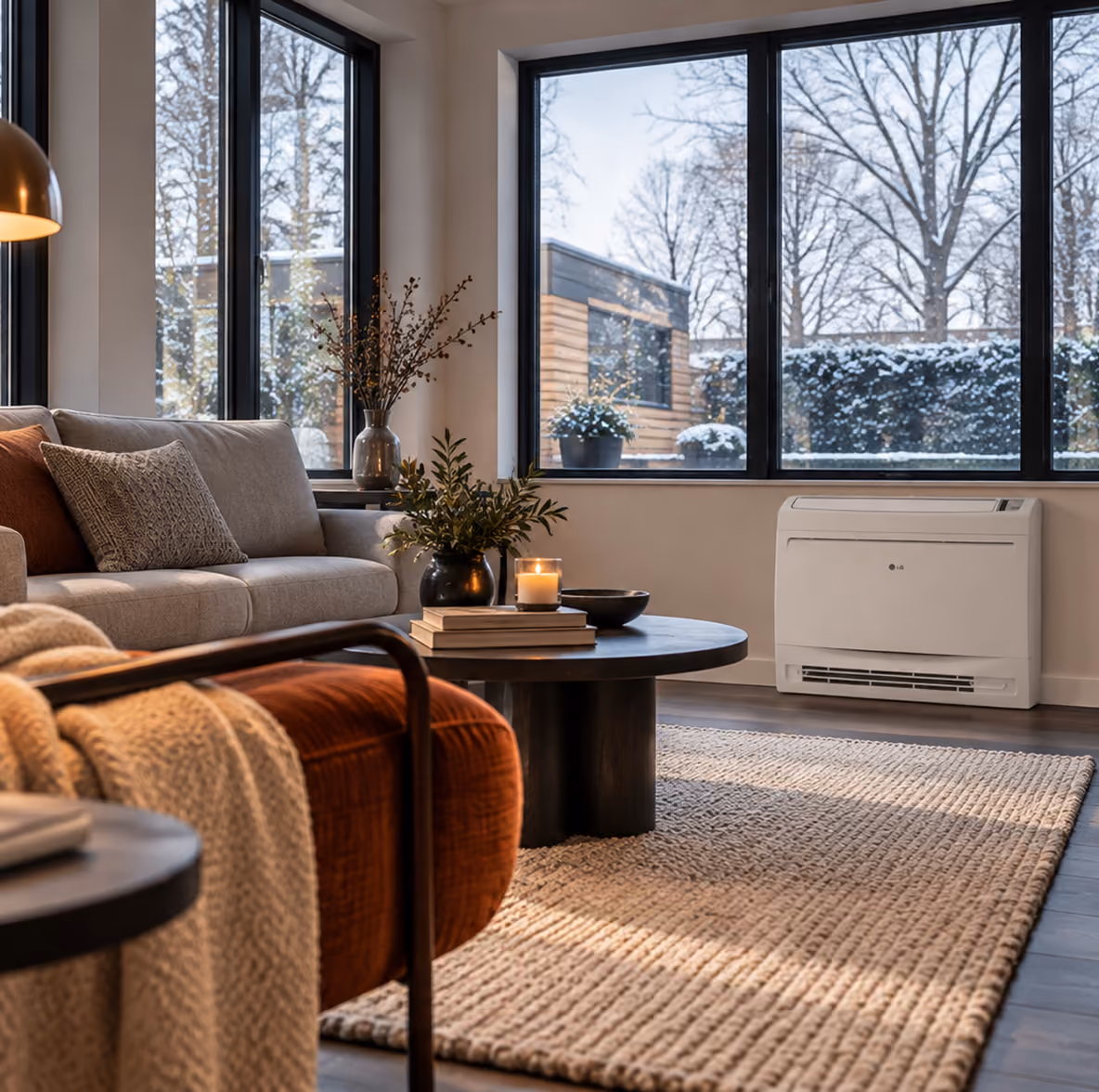 LG vloermodel airco onder het raam in een warme woonkamer met kaarslicht en besneeuwde tuin