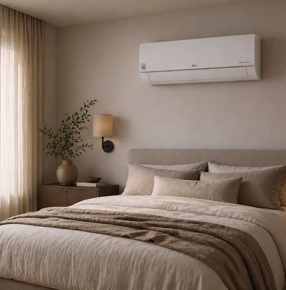 LG Standard Plus airco boven een tweepersoonsbed in een rustige beige slaapkamer