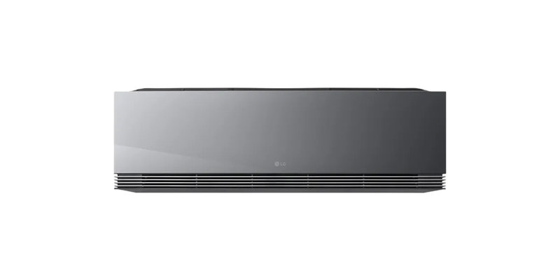 LG AI Air Mirror airco, wandmodel met zwart spiegelglazen front en horizontaal uitblaasrooster, vooraanzicht
