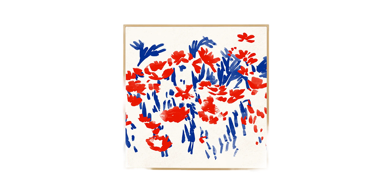 LG Artcool Gallery airco, vierkant paneel in houten lijst met rood-blauw bloemenkunstwerk