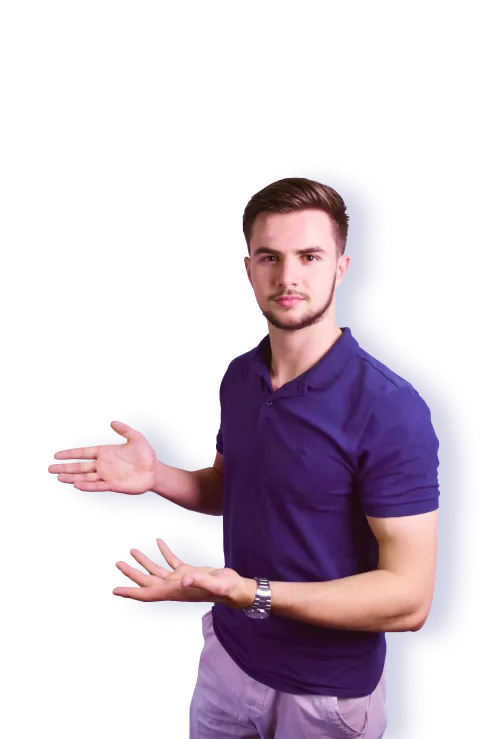 A man in a purple shirt holding his hands out.