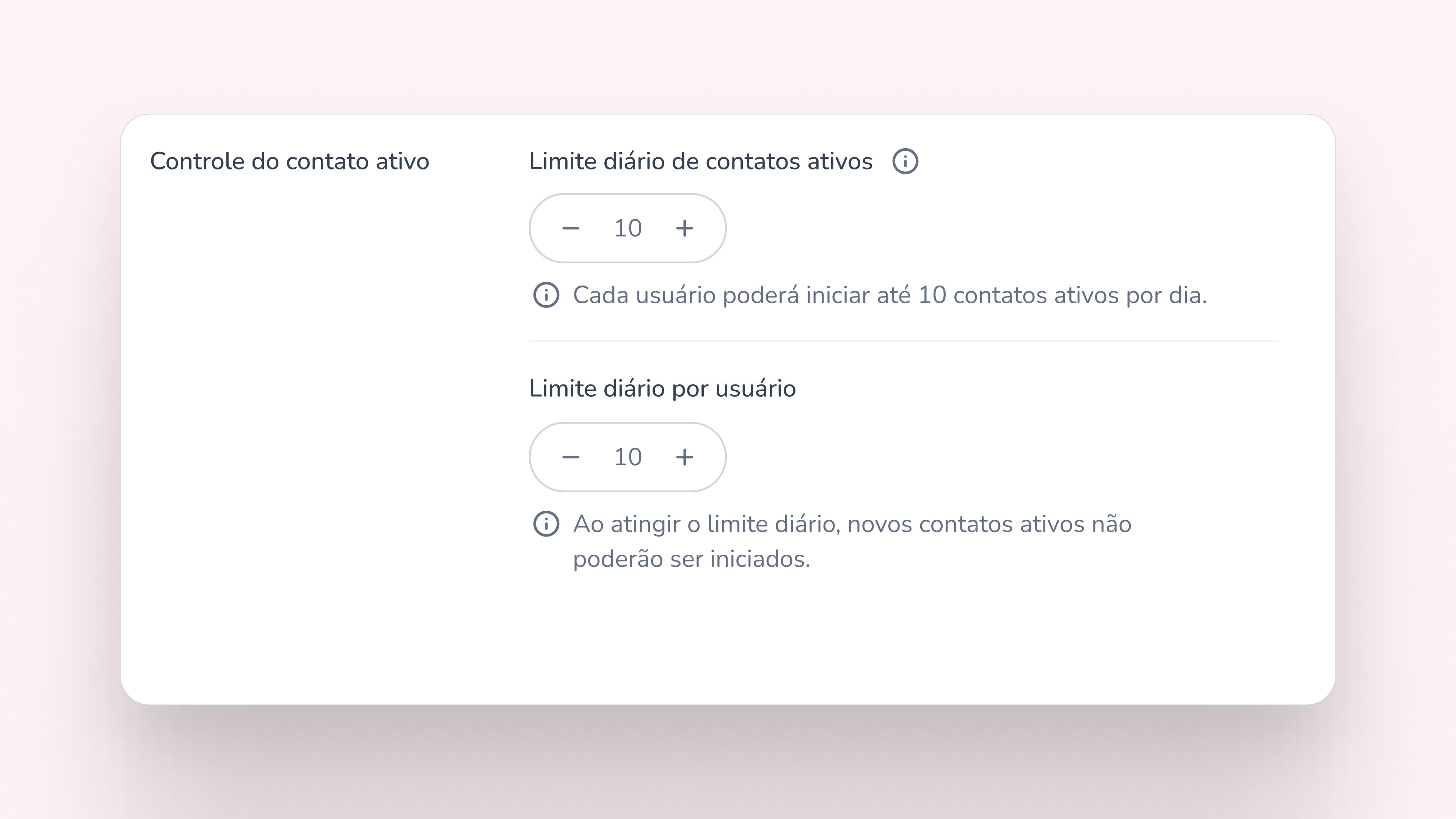 Seção Controle do contato ativo com ambos os campos configurados com o valor 10, exibindo as mensagens de limite ativo para a integração e por usuário.