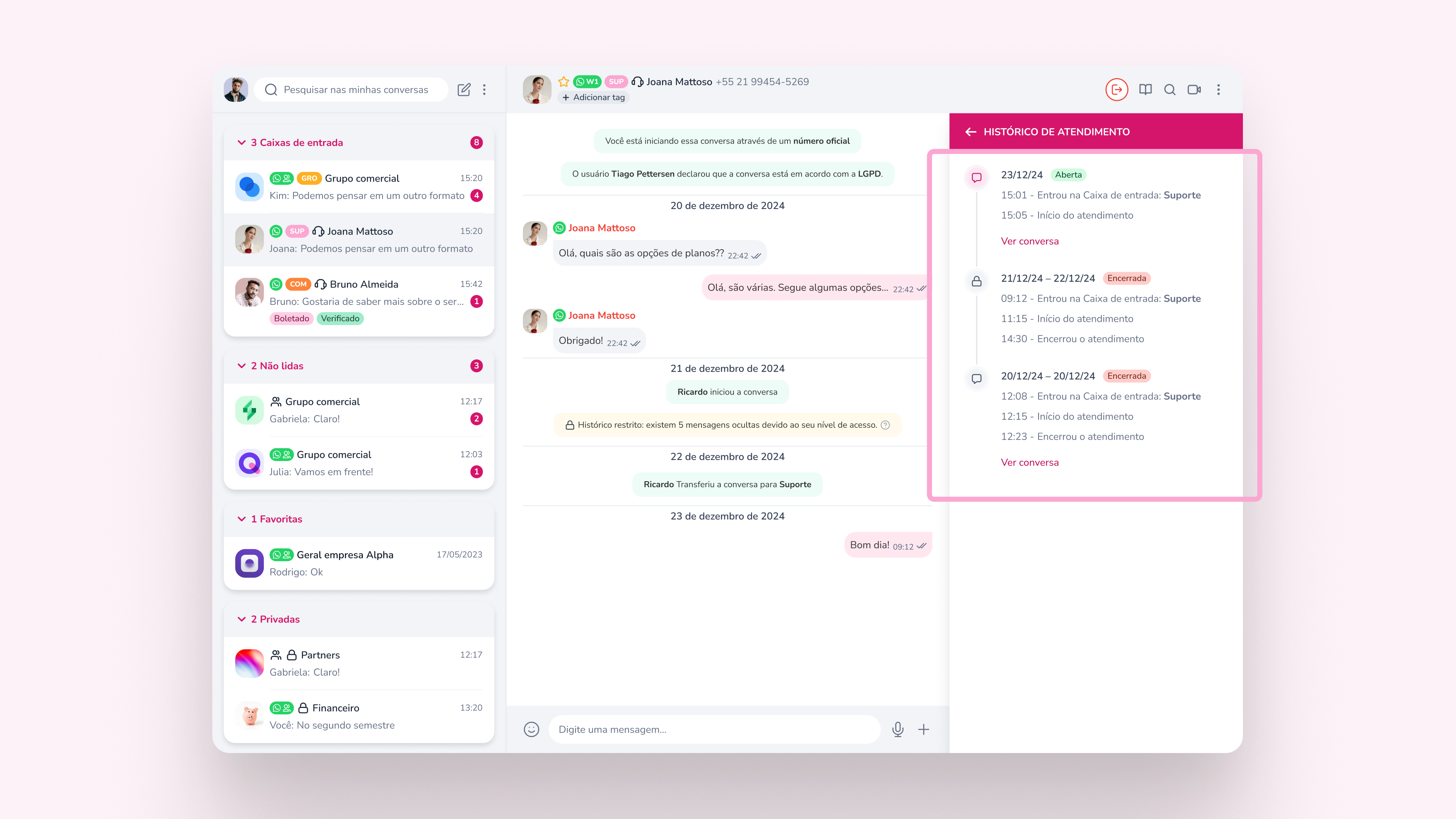Sidebar Histórico de atendimento no Pink App com blocos de atendimento listados por data, status e representação de acesso restrito.