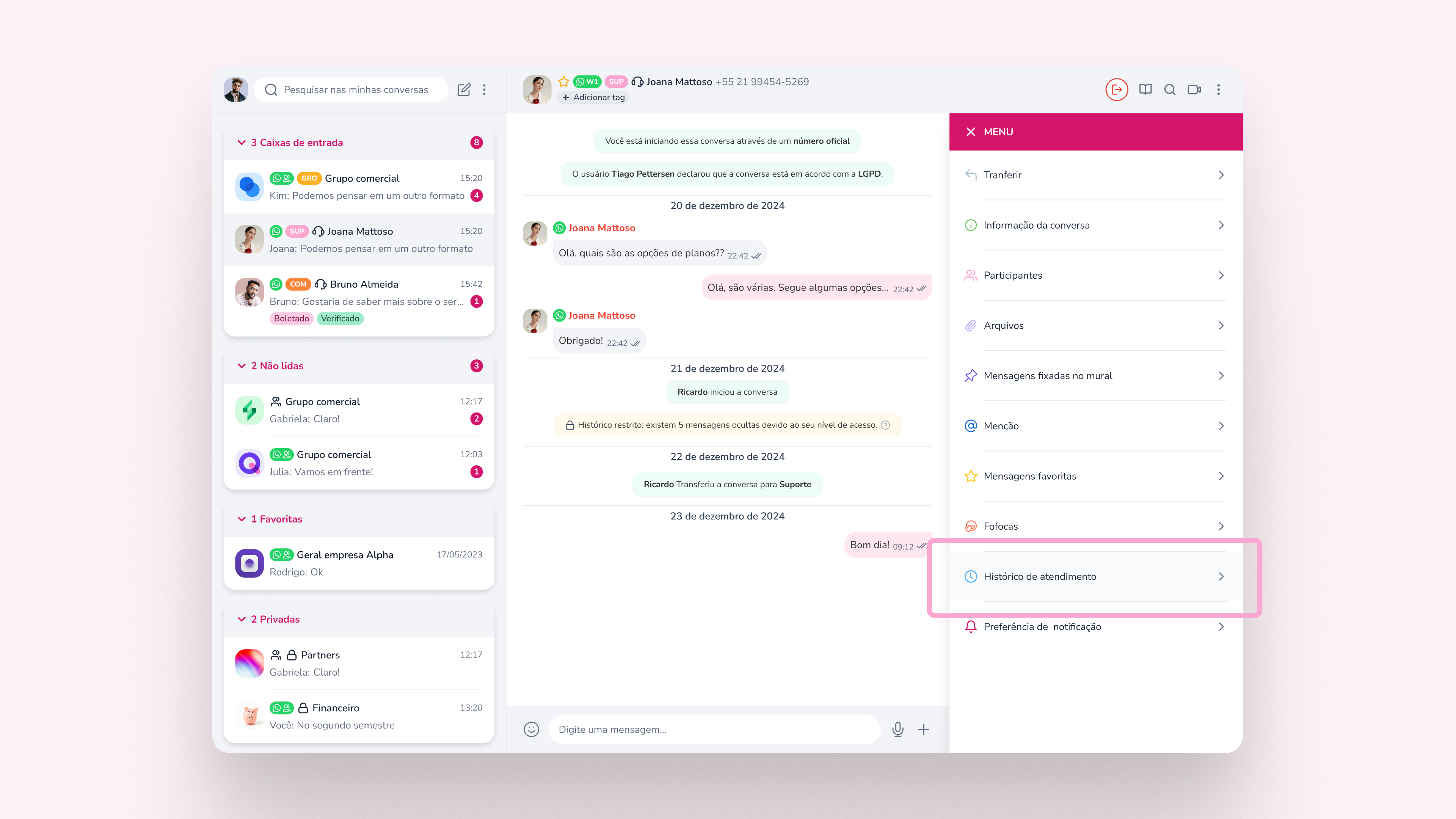 Menu da conversa no Pink App com a opção Histórico de atendimento destacada.
