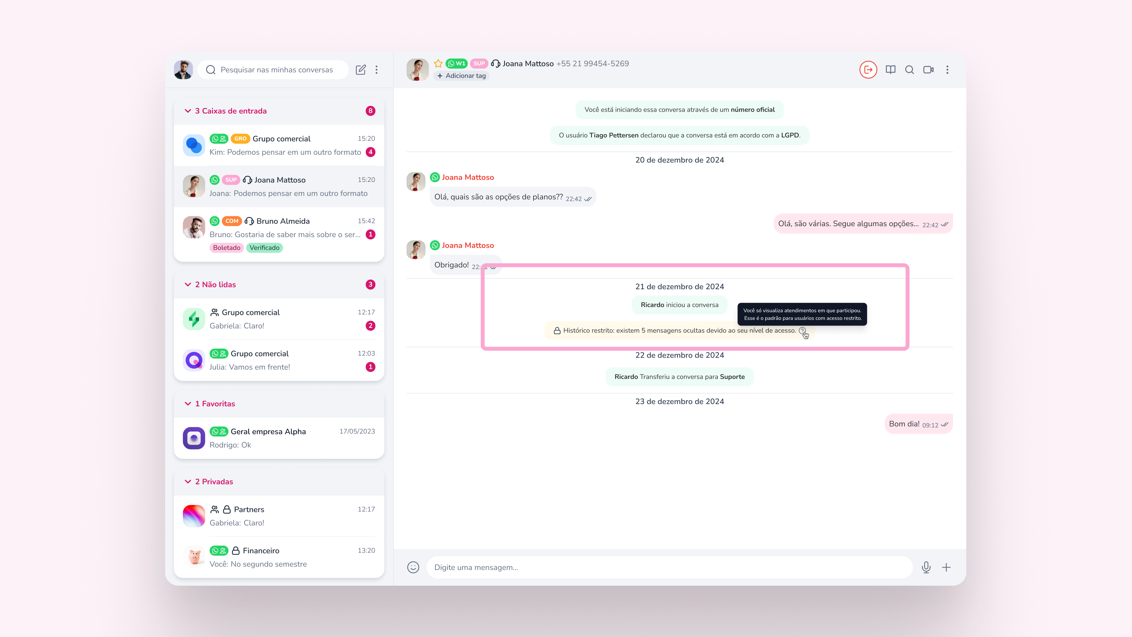 Interface da conversa no Pink App com a indicação de histórico restrito no lugar dos blocos de atendimento ocultos.
