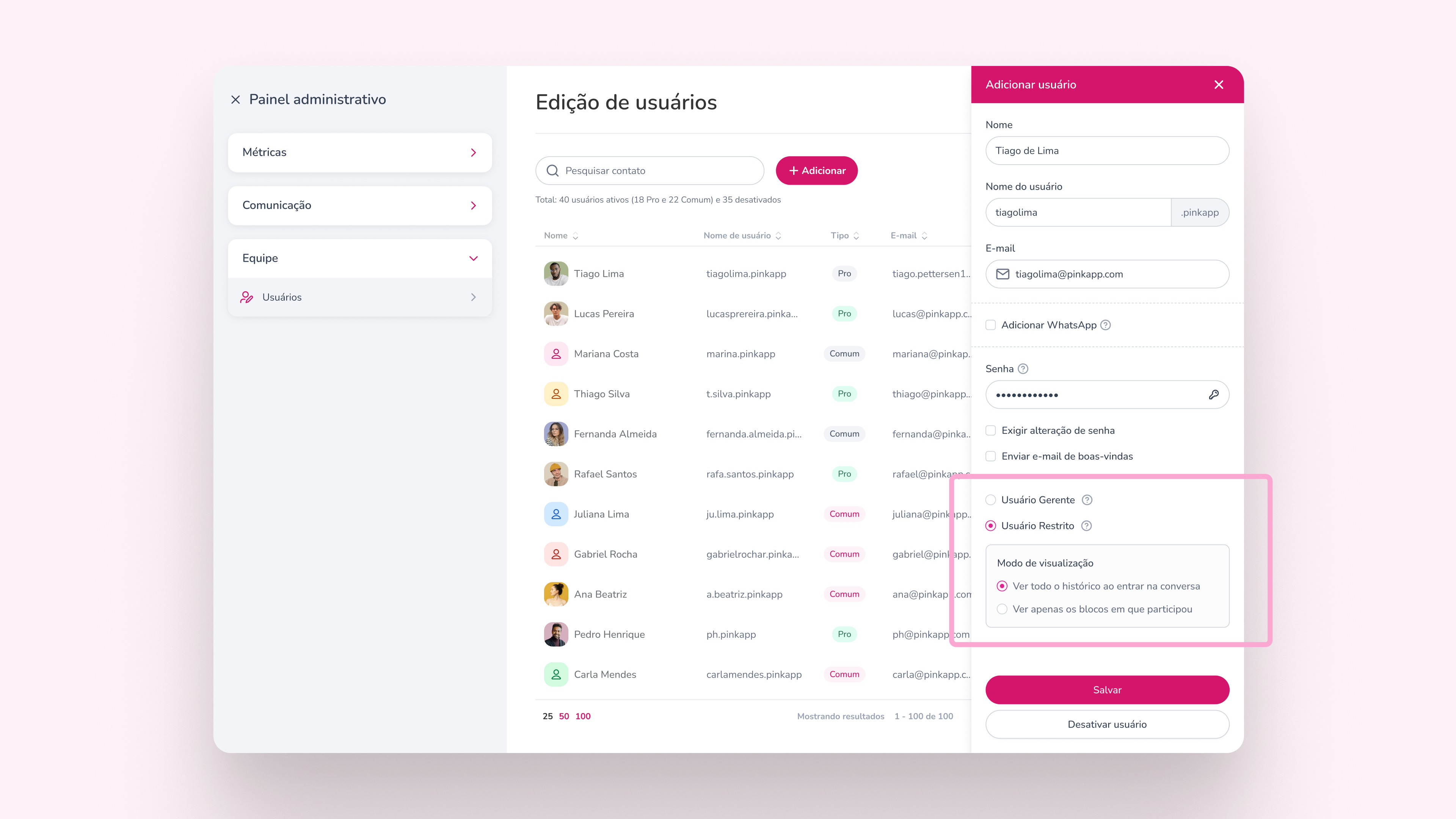 Tela de edição de Usuário Restrito no Pink App com a seção Modo de visualização exibindo as opções disponíveis.