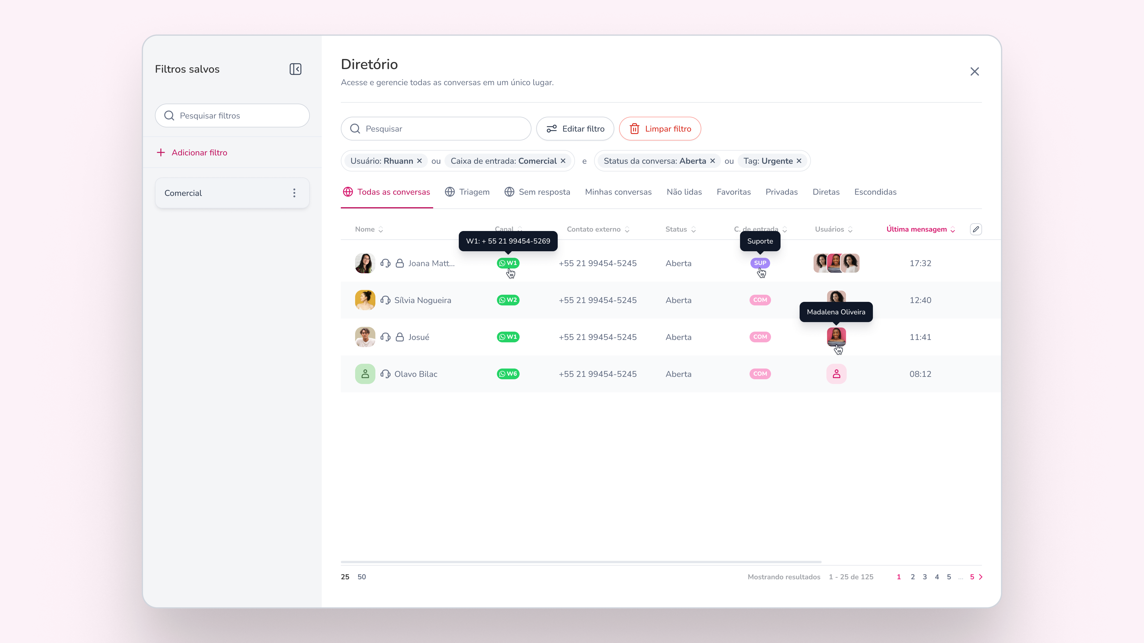 Tabela do Diretório com tooltip ativo exibindo informação complementar