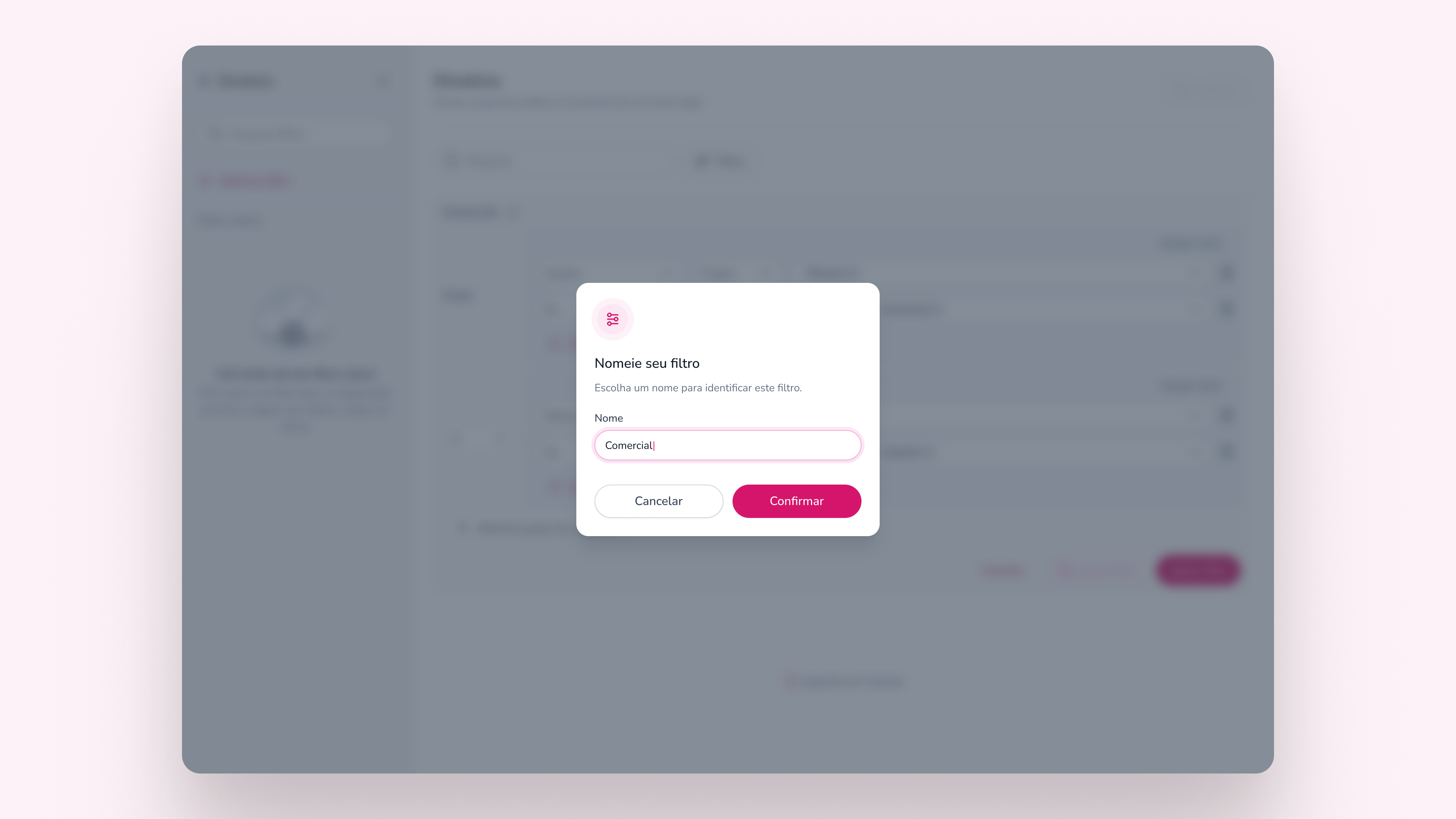 Modal para nomear e confirmar o salvamento de um filtro no Diretório