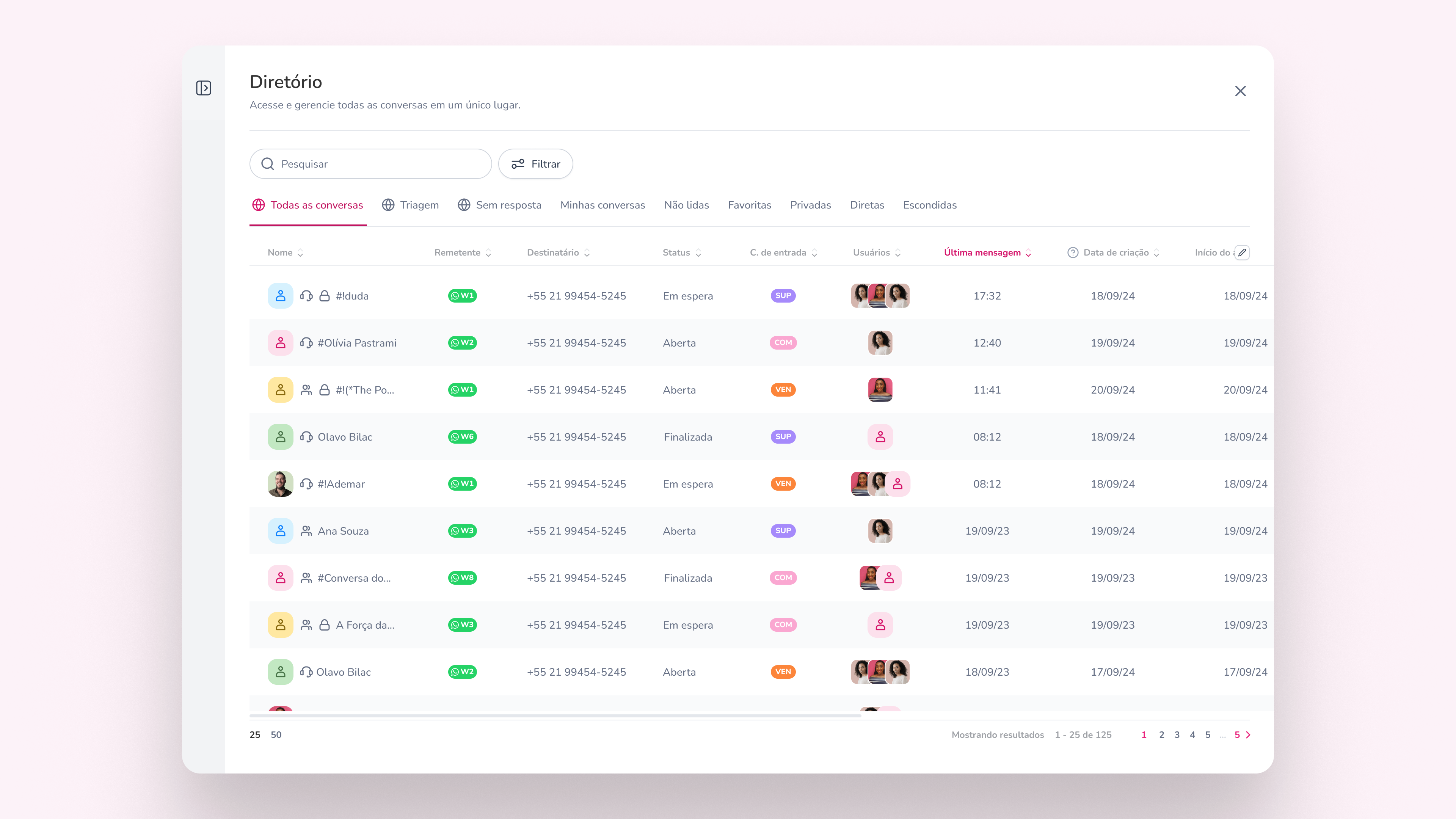 Sidebar de filtros comprimida no Diretório, ampliando o espaço disponível para a tabela