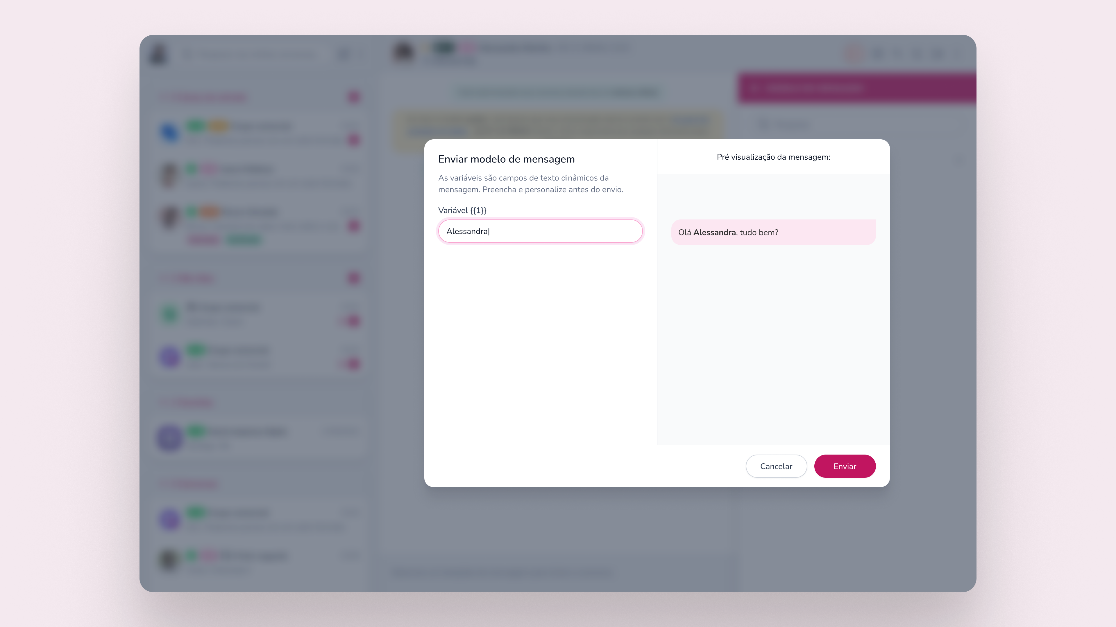 Template com variável preenchida e pré-visualização atualizada, pronto para envio no Pink App